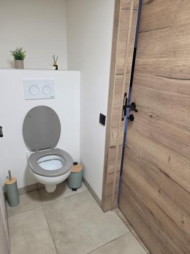 a bathroom with a toilet and a wooden door at L oasis de Détente - le Cocon - gîte 4 personnes avec 1h d accès à la piscine privée et terrasse aménagée par nuit réservée - climatisation - à 2km de Pairi Daiza in Brugelette