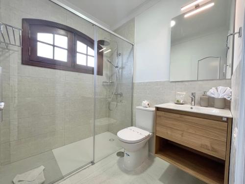 a bathroom with a shower and a toilet and a sink at La Casa de Papel 2 in Valle Gran Rey