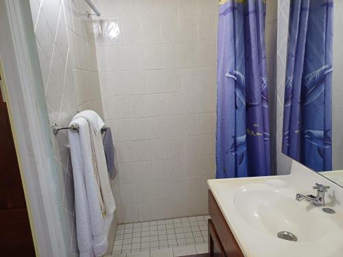 a bathroom with a blue shower curtain and a sink at PeachBloom Terrace Inn in Saint Georgeʼs