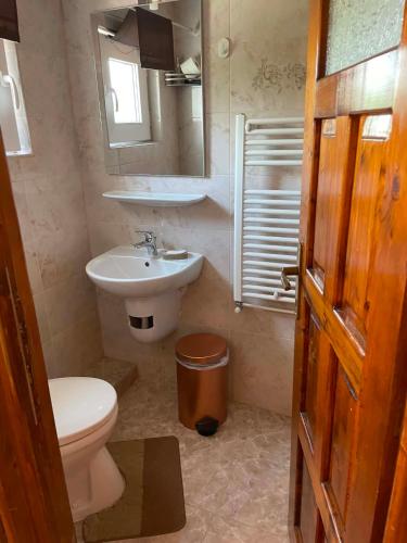 a bathroom with a white toilet and a sink at Gyongyver Panzio in Sfântu-Gheorghe