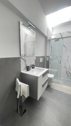 a bathroom with a sink and a toilet and a mirror at CENTRAL LUXURY Rooms in Grugliasco