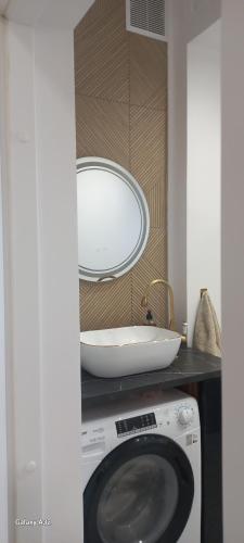 a bathroom with a sink and a washing machine at Apartament Wiejski Raj in Kozy