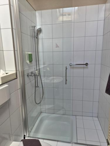 a bathroom with a shower with a tub at Landgasthaus Bären in Grub