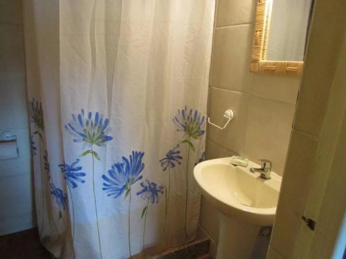 baño con lavabo y cortina de ducha con flores azules en Casas de barro, en La Pedrera
