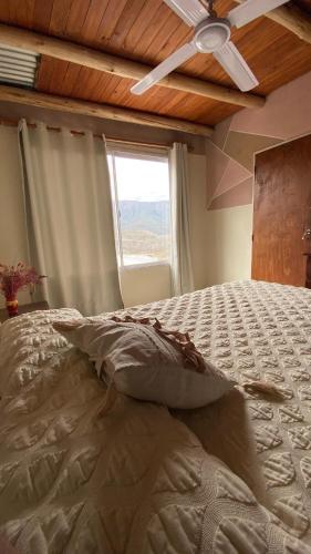 a bedroom with a bed with a ceiling fan and a window at Terrazas Jorge y Claudia in Bialet Massé