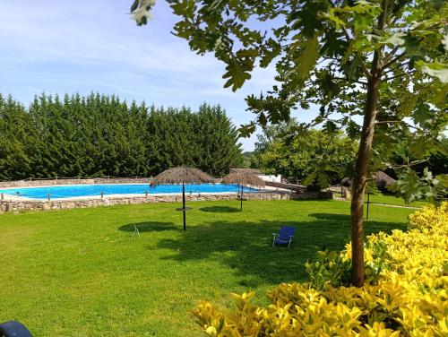 a pool with two umbrellas and a chair in a yard at Camping Arribes del Duero in Lumbrales
