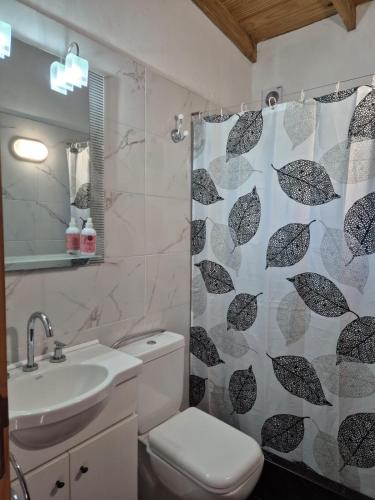 a bathroom with a shower curtain with a toilet and a sink at Casa Cris Pinamar in Pinamar