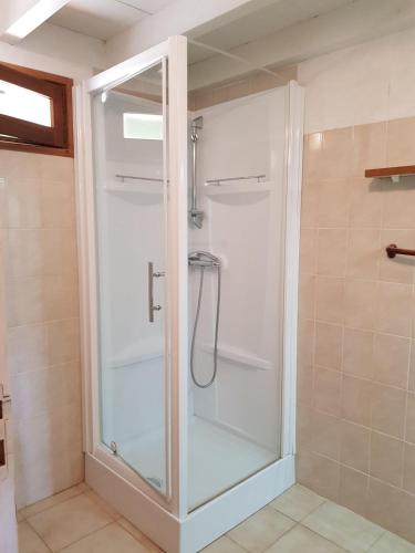 a shower with a glass door in a bathroom at LES BALCONS DE LA CHIUSA in Vico