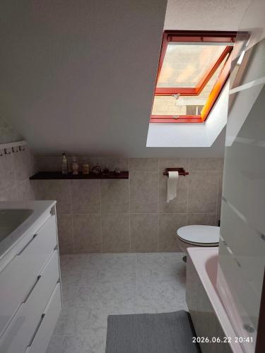 a bathroom with a toilet and a skylight at Finca la Tierruca de Cudon in Cudón