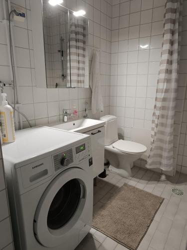 a bathroom with a washing machine and a toilet at Walhalla Kuhala apartment in Forssa