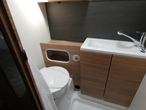 a small bathroom with a toilet and a sink at Szentkút Kemping Vasvár in Vasvár