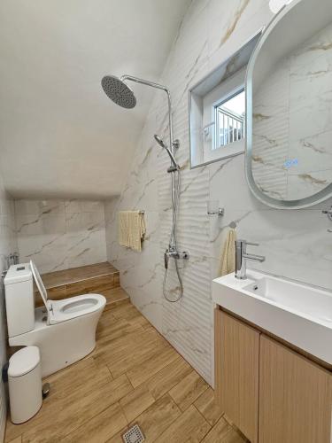 a bathroom with a toilet and a sink and a mirror at Nicola`s Apartment in Sozopol
