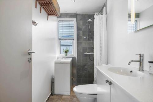 a bathroom with a sink and a toilet and a shower at LF15135-Farso-Strandvejen-35-B in Hvalpsund