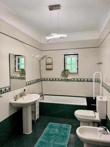 a bathroom with a sink and a tub and a toilet at Casa do Rio Ceira Góis in Góis