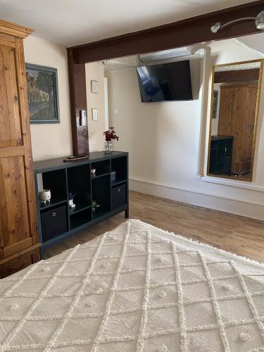 a living room with a flat screen tv on the wall at Macskakő Apartman in Szentendre