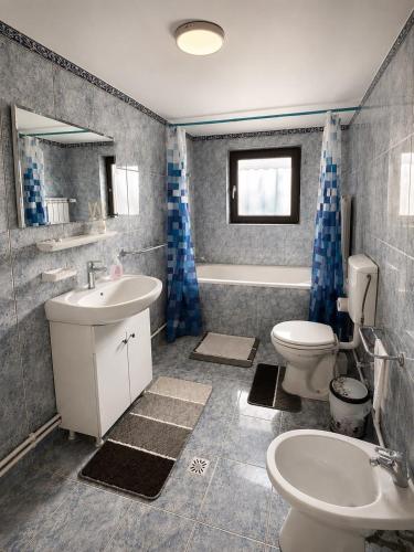 a bathroom with a sink and a toilet and a tub at Hotel Casa Italia in Calafat