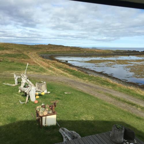 an aerial view of a field with a body of water at Borgir - The House by the Sea in Borgir