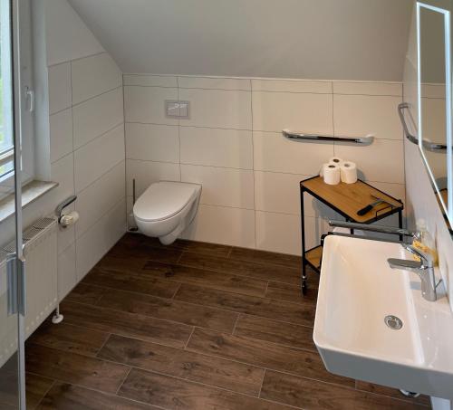 a bathroom with a toilet and a sink at Haus Fünfschläfer in Dreschvitz