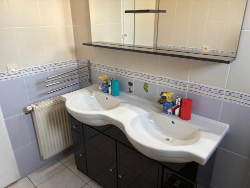 a bathroom with a white sink and a mirror at chez christian&astrid Next to Disneyland Paris in Penchard