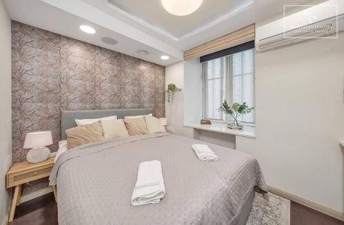 a bedroom with a large bed and a window at Boutique Flat - Spa Shower - Sound System in Tallinn