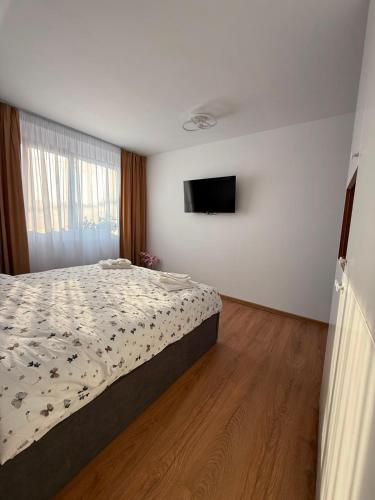 a bedroom with a bed and a flat screen tv at Luca Rooms in Curtea de Argeş