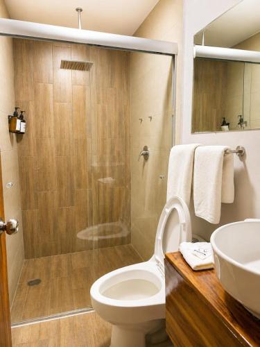 a bathroom with a shower and a toilet and a sink at Palacio de las Rosas in Durango