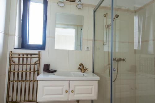 a bathroom with a sink and a glass shower at GolfBay Villa in Senica