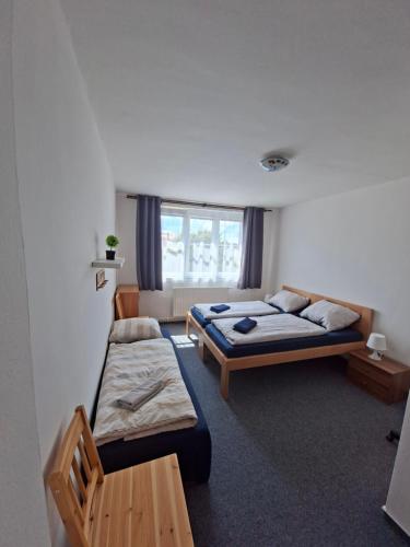 a room with two beds and a window at Apartmán Žižka in Frymburk