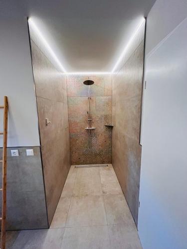 a bathroom with a shower with a tile wall at Ferienhaus Lounis in Bützow