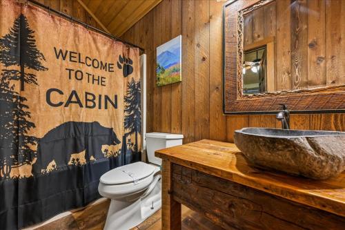 a bathroom with a toilet and a sink in a cabin at Summit View by Venture Smoky Mountains in Sevierville