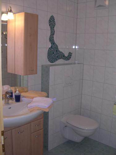 ein Badezimmer mit Toilette und Waschbecken in der Unterkunft Honsahof in Strassen