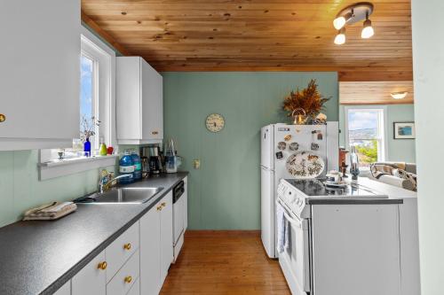 a kitchen with white appliances and a wooden ceiling at Brigus Cottage Parking, Fire Pit & Garden in Brigus