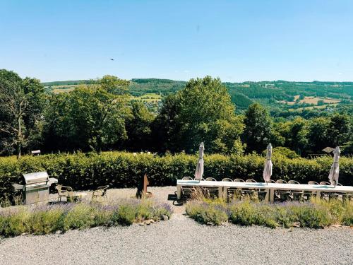 a group of chairs and umbrellas in a garden at Manoir Borzeux in Stavelot