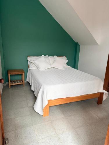 a bedroom with a white bed with a green wall at Hotel Barajas in Jardin