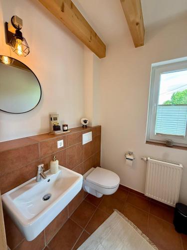 a bathroom with a sink and a toilet at Haus Muhblick in Schmallenberg
