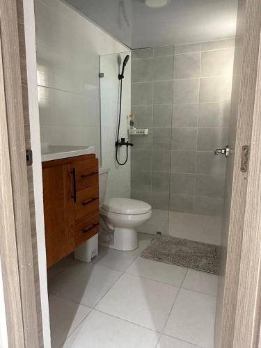 a bathroom with a shower and a toilet and a sink at The Liras Oasis in Santiago de los Caballeros