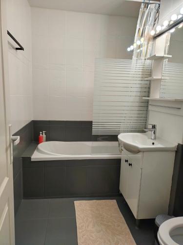 a bathroom with a bath tub and a sink at Adrian Home, Central in Ploieşti
