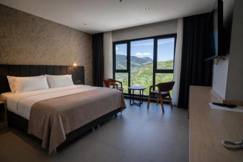 a bedroom with a bed and a view of a mountain at Demederon Hotel in Hamsikoy