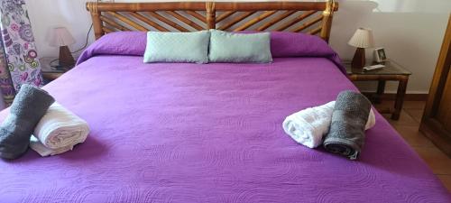 a purple bed with two towels and two pillows on it at Villa Oasis in Los Gallardos