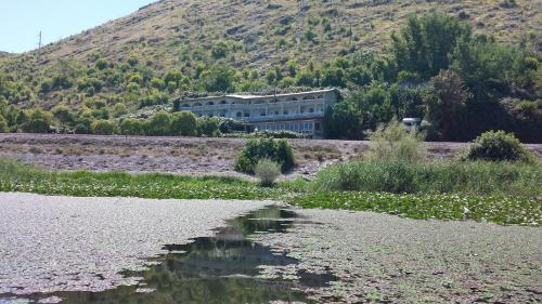 a building in the middle of a field with a body of water at Guesthouse Mala Venecija in Virpazar
