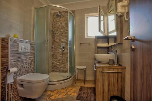 a bathroom with a shower and a toilet and a sink at Apartment Hotteamo in Silba