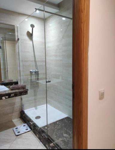 a shower with a glass door in a bathroom at Peninsula promenade in Tamaris