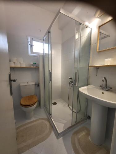 a bathroom with a shower and a toilet and a sink at Manolia Home in Parikia