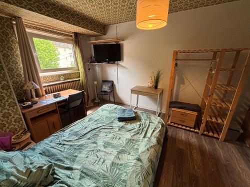 a bedroom with a bed and a desk and a window at Chez Tiina in Colmar