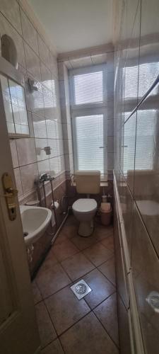 a small bathroom with a toilet and a sink at Ace Apartments in Bitola