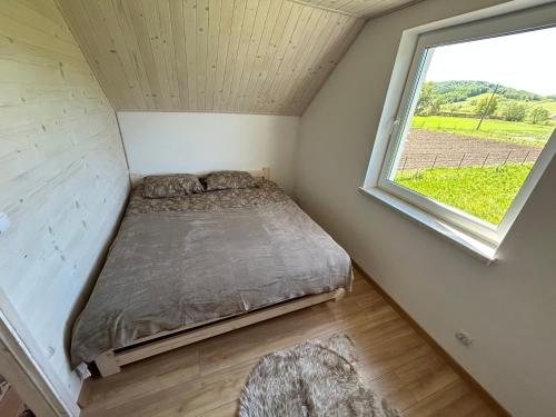a bed in a small room with a window at Noclegi u Dąbka 2 in Głębokie