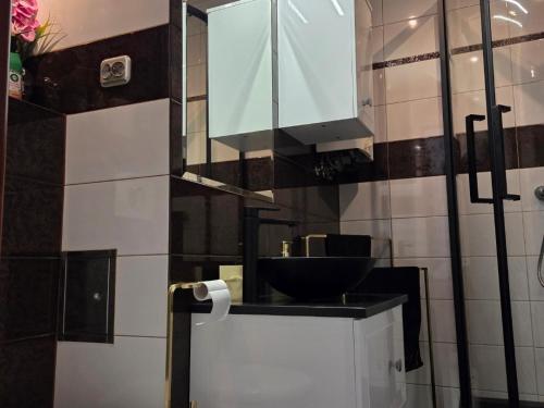 a bathroom with a sink and a mirror at Apartament Glamour in Rybnik
