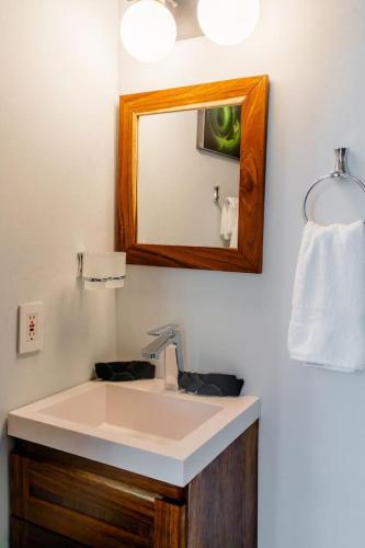 a bathroom with a white sink and a mirror at Private 2 Bedroom Home with Pool Near El Coco Beach in Coco