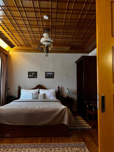 a bedroom with a bed and a chandelier at MetsoVillas στο κέντρο του Μετσόβου in Metsovo