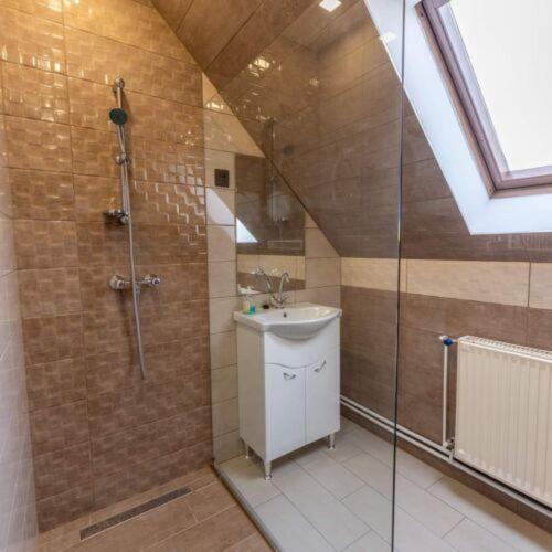 a bathroom with a shower and a sink at Biró Vendégház in Sármellék